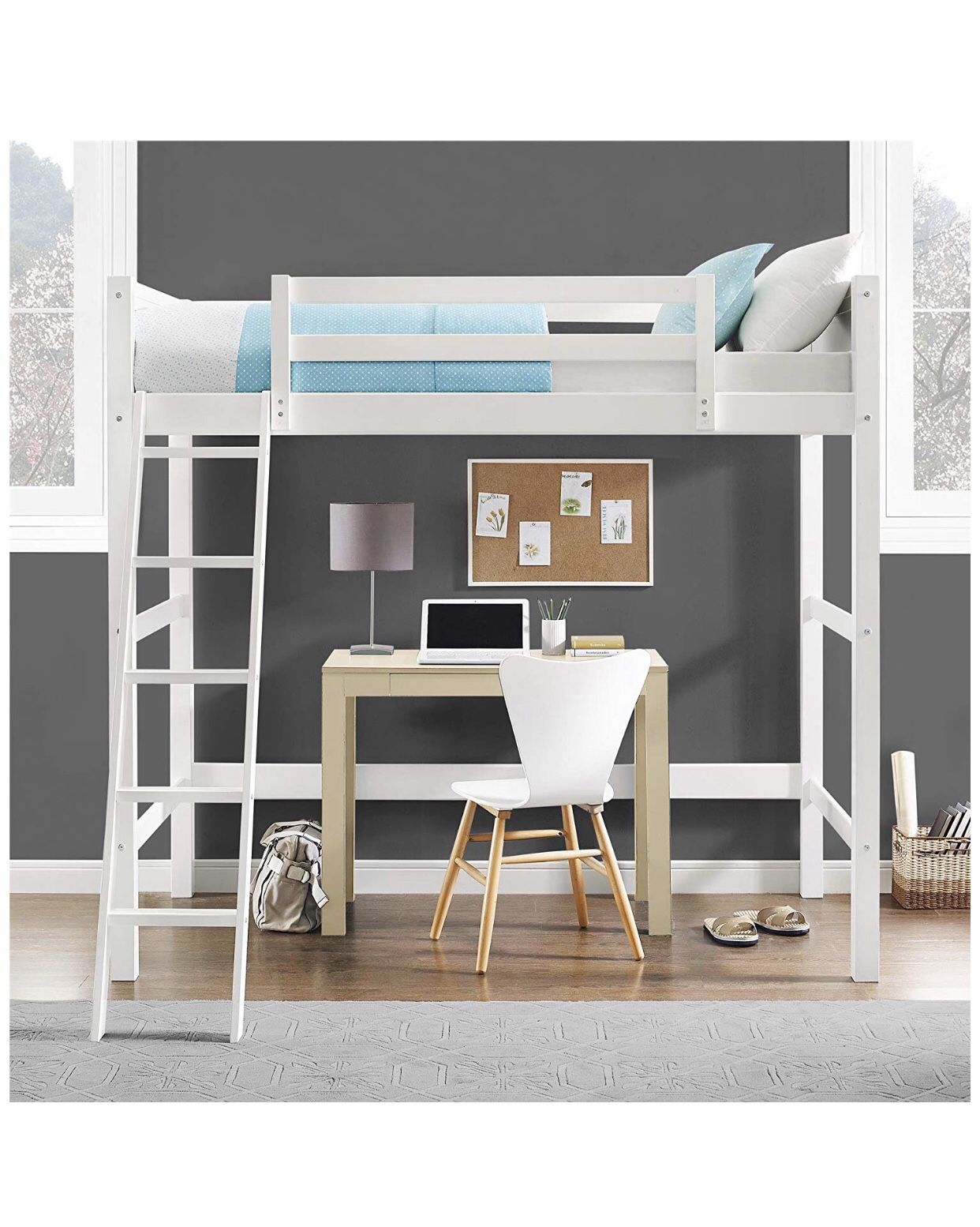White wooden twin loft/upper bunk bed