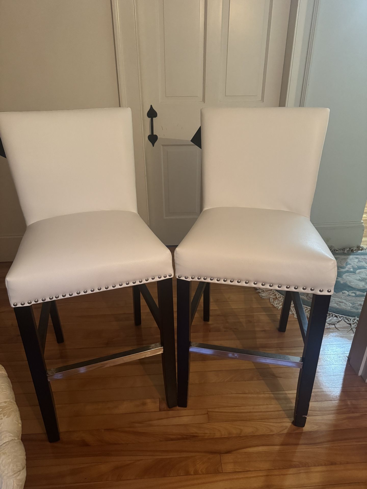 Two White Leather Bar Stools