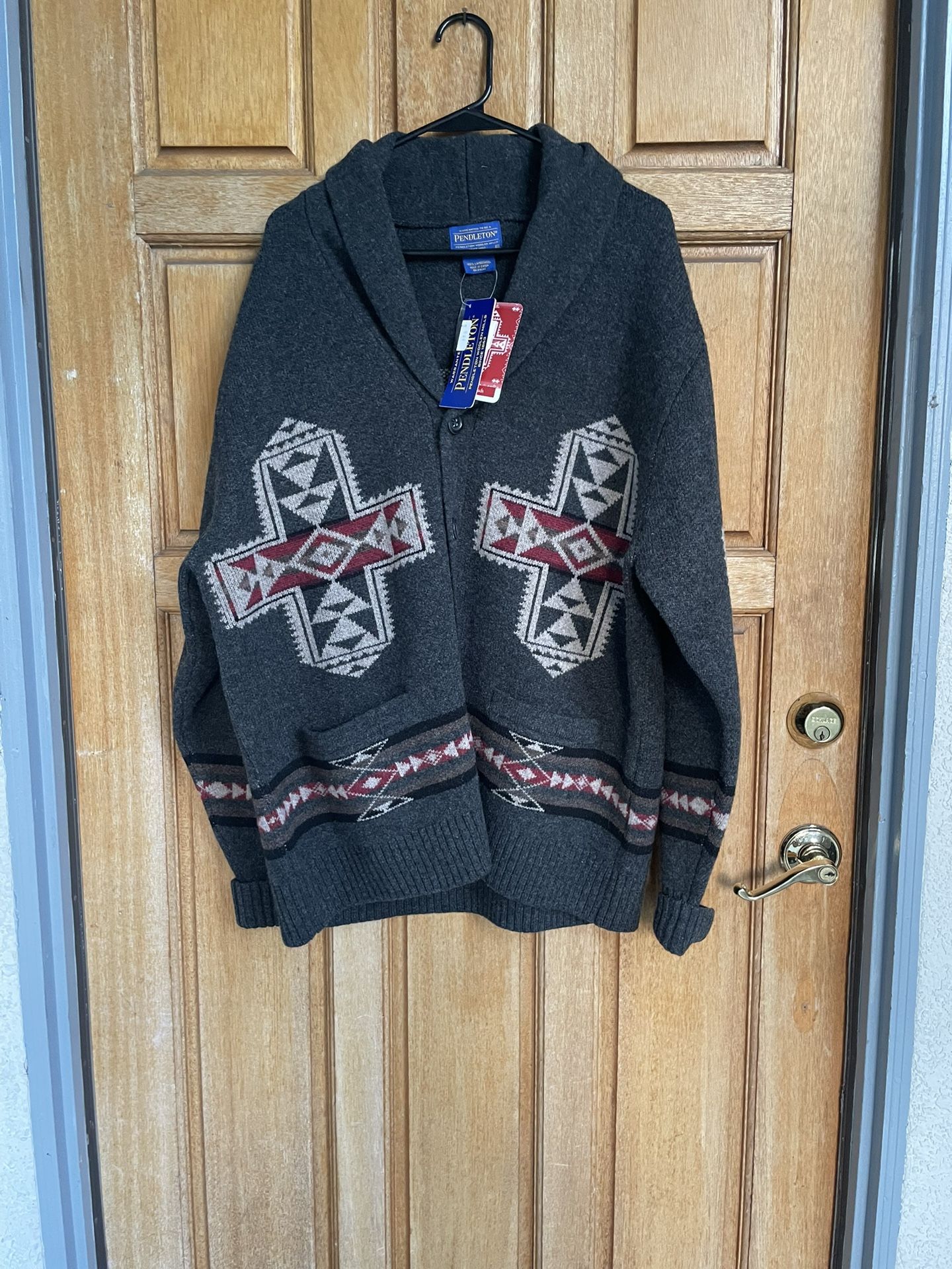 Pendelton Mens Cardigan Indian Blanket Southwest Aztec 100% Lambswool Grey XL