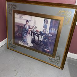 Large Framed Painting Of Woman Making Bouquet