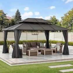 New in Box Hardtop Gazebo 12 x 16 ft. Outdoor Heavy Duty Steel Frame Double Tiered Metal Gazebo
