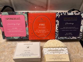 NEW Spongelle’ 5 Piece Lot. 4 Body Wash Infused Buffers, 1 Pedi Buffer with Cleanser. All Factory Sealed/Unused. All 5 for $25 or $6 Each. Pick up in 
