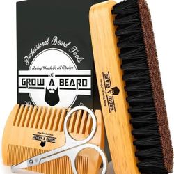 Beard Brush for Men & Beard Comb Set w/Mustache Scissors Grooming Kit, Natural Boar Bristle Brush, Dual Action Wood Comb, and Travel Bag - BRAND NEW