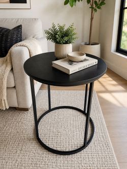 2 Modern Designer Round Accent Table | Black Wood & Metal Minimalist Side Table