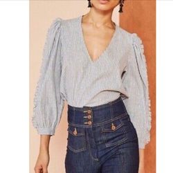Ulla Johnson Julie gold blue metallic pinstriped v neck puff sleeve blouse 2