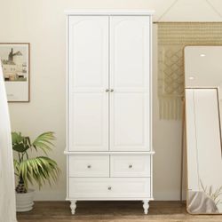 White Wardrobe Bedroom Storage Cabinet Armoire with 3 Drawers