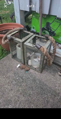 Pair of Galvanized Metal Lanterns with Rope Handles