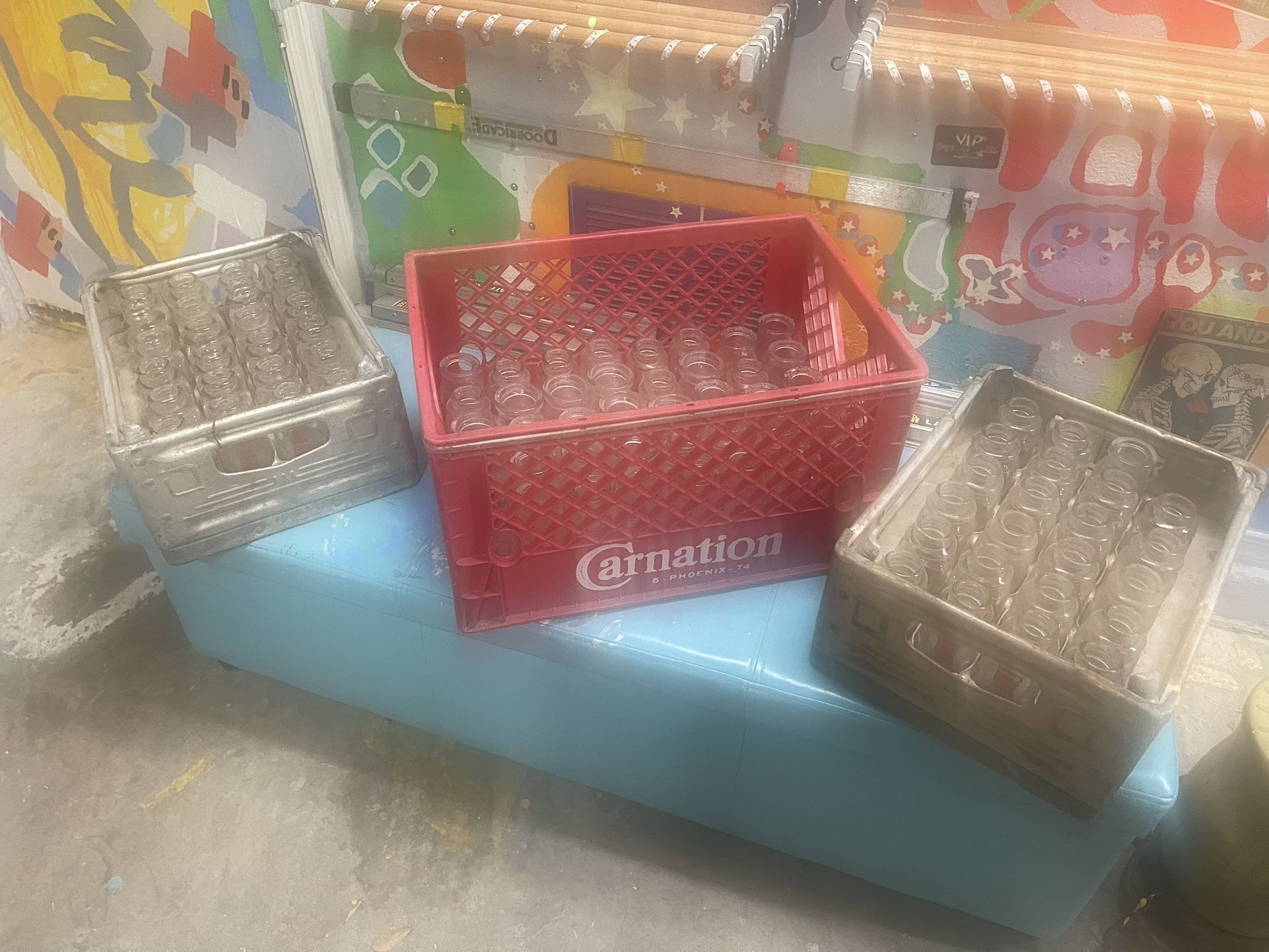 3 Vintage Milk Crates - 2 Metal, 1 Plastic, with 96 Bottles