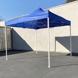 BRAND NEW $100 Heavy-Duty 10x10 ft Popup Canopy Tent Instant Shade w/ Carry Bag Rope Stake, White/Blue