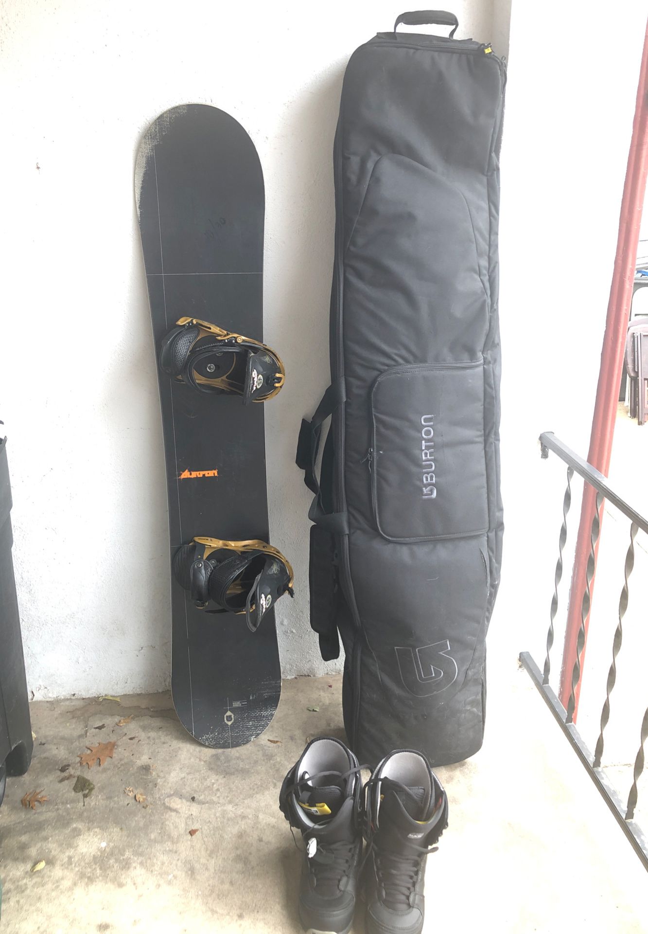 Burton Snowboard, Tavel Bag, and Size 10 Burton Snowboarding Boots