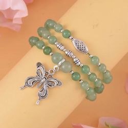 Set of 3 Green Aventurine Beaded Stretch Bracelets with Butterfly Charm in Silvertone 101.50 ctw