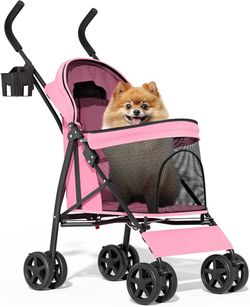 4 Wheels Pet Stroller, Easy-Fold Puppy Cage Jogger Stroller with Sun Cover, Pad and Rear Storage Bag, Breathable and Visible Mesh for Small/Medium Pet