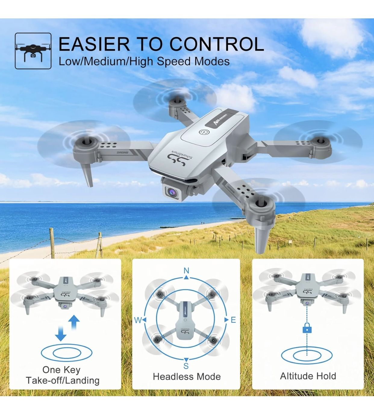 2K HD FPV Dual Camera for Adults and Kids, Mini RC Drone with 3D Flips/Altitude Hold/Headless Mode/Gesture Selfie/Waypoint Flight, 2 Batteries and Cas