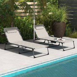 2 NEW Outsunny Folding Chaise Lounge Set with 5-level Reclining Back, Outdoor Lounge Chairs with Build-in Padded Seat - Khaki
