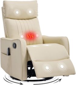 Swivel Rocker Recliner Chair, 360° Swivel Recliner with Heat and Massage, Rocker Recliner Nursery Glider Chair with Side Pockets for Living Room (Ligh