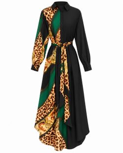 Black Green Leopard Print Maxi Shirt Dress With Belt SizeXL