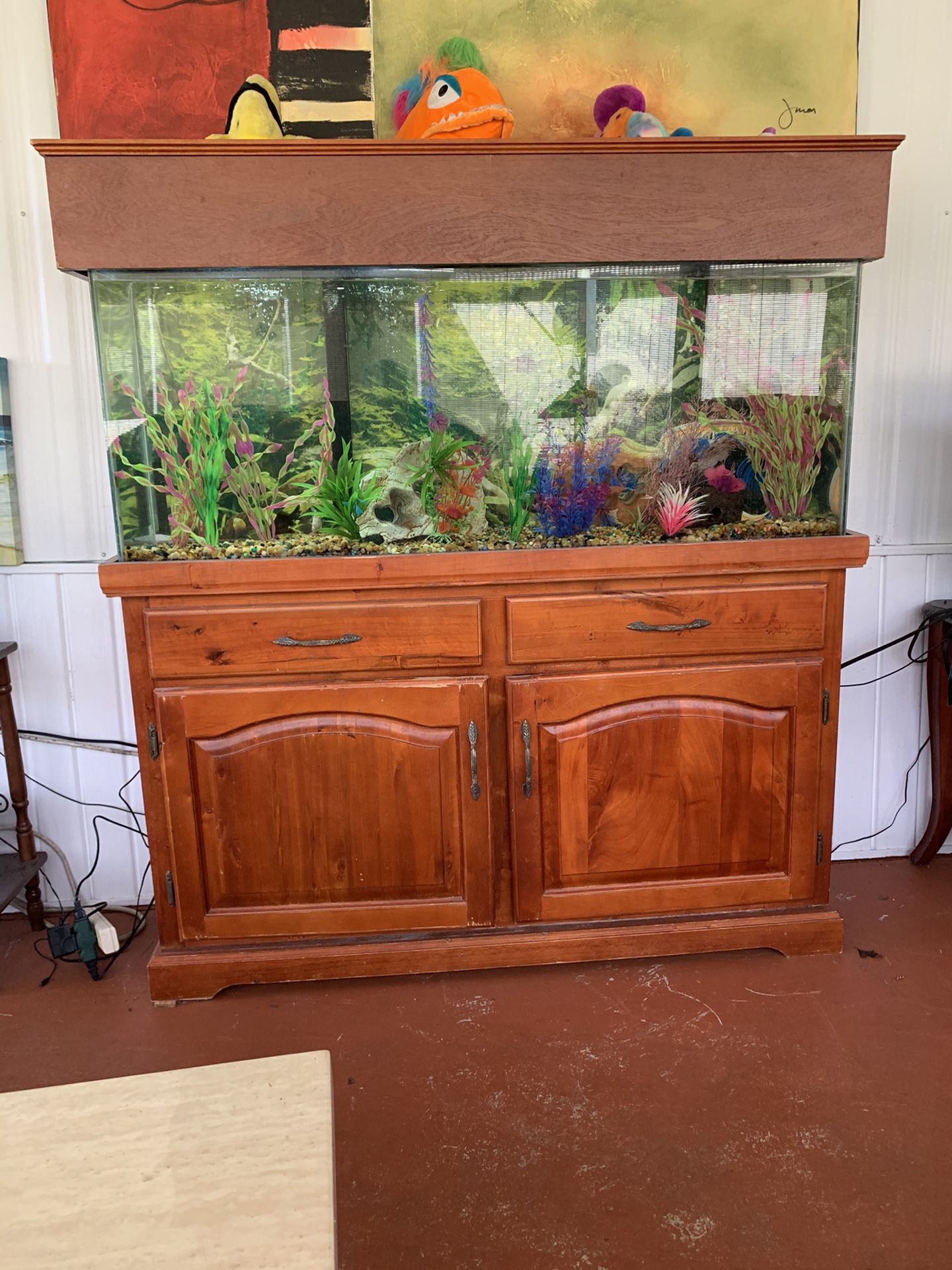 55 gallon fish tank, fully functional with over the side double filter and a fumal filter underneath. All rocks, plants, decorations and 6 fish are i