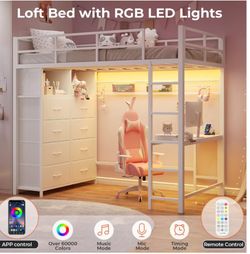 Twin Loft Bed with Desk & 8 Storage Drawers Tall Dresser, White Metal Loft Bed with LED Lights & Charging Station, 2-Tier Storage Shelves, Stable & St
