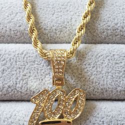 Gold Number 100 Pendant ..20 Inches Long.