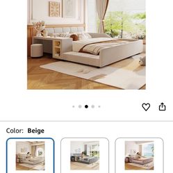 Merax Queen Size Upholstered Plush Velvet Mother and Baby Bed Floor Platform Bed with Bedside Desk and Little Round Stool for Kids Teens Boys Girls,Be