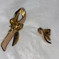 2 Pink Breast Cancer Ribbon Pin Gold Tone Rose Avon Brooch