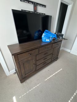 Dark Brown Wood Dresser with Drawers and Cabinets
