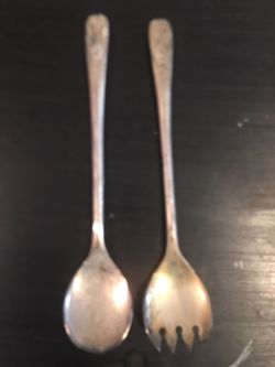Vintage 9" Silver Plated Buffet Salad Server Spoon / Fork Set - Italy.