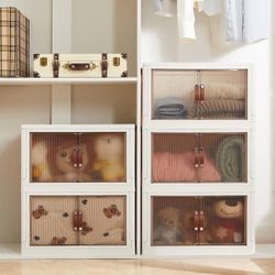 Storage Bins Lid, 4-Pack Stackable Plastic Collapsible Cabinet, Foldable Organizer with Wheel and Double Door White