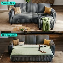 Plush Corduroy Sleeper Sofa Bed with Reversible Storage Chaise, Pull Out Couch Bed with USB, Cup Holder, Side Pocket, L Shaped Sectional Couches for L