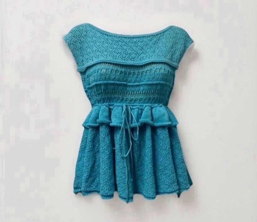 ✨New Women Medium Aqua Blue Teal Knit Top Free People Sleeveless Ruffles Tie Waist