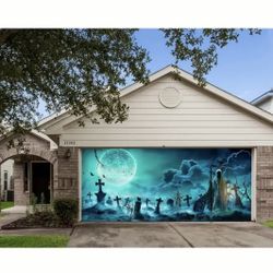 Large Halloween Garage Door Banner – Spooky Ghost Grim Reaper Scene Decoration for Outdoor Garden, Graveyard Cemetery Party Decor