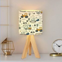 Tripod Table Lamp Hand drawn cute Truck crane bulldozer excavator Boho Seamless pattern Modern Bedside Dimmable Desk lamp Wooden Base Fabric Lampshade