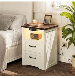 NEW Farmhouse Nightstand Set of 2 – Charging Station & LED Lights