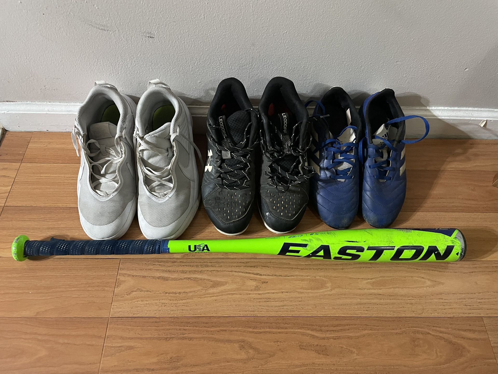 Youth Sneakers, Baseball And Soccer Cleats And Baseball Bat For Sale