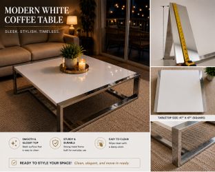 Coffee Table Modern White Glossy: Polished Silver-Tone Metal 47” x 47”❤️GOOD CONDITION
