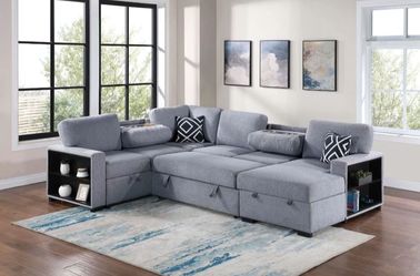 ✅️✅️4 pc Grey boucle fabric sectional sofa with storage chaise and love seat and pop up sleep area in center drop down tray tables✅️✅️✅️