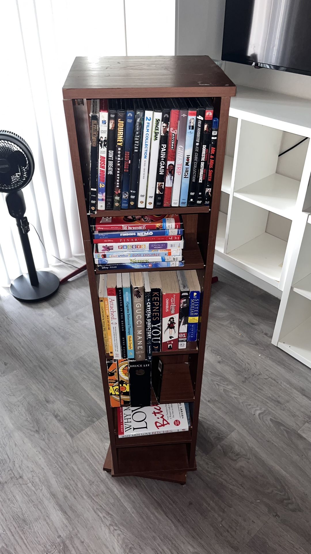 360° Spinning Media Tower / Storage Shelf - Books, CD, DVD - Espresso