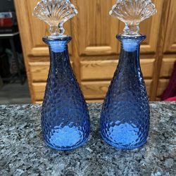 Lot Of 2 Blue With Clear Stoppers Pebble Glass Decorative Bottles With Stopper’s.  Brand New Never Used 