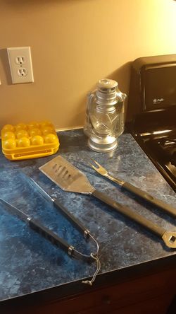 Grill set brand new lantern still in plastic and egg storage for camping all new