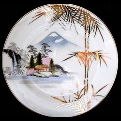 Kutani Moriage Gold Gilt Porcelain Dessert Salad Pie Plates Japan Hand Painted Mt. Fuji Waterfall 4