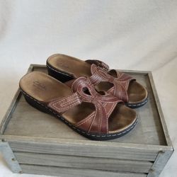 Clarks Bendables Brown Leather Strappy Comfort Slide Wedge Slip On Sandals 8.5M