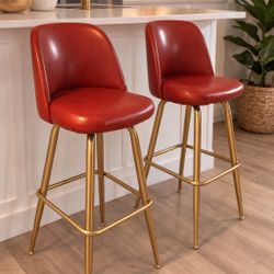 Mid-Century Modern Swivel Bar Stools – Red & Gold – Set of 2