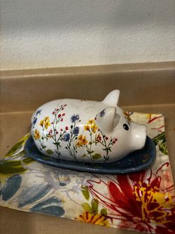 Ceramic Pig Butter Dish with Floral Design