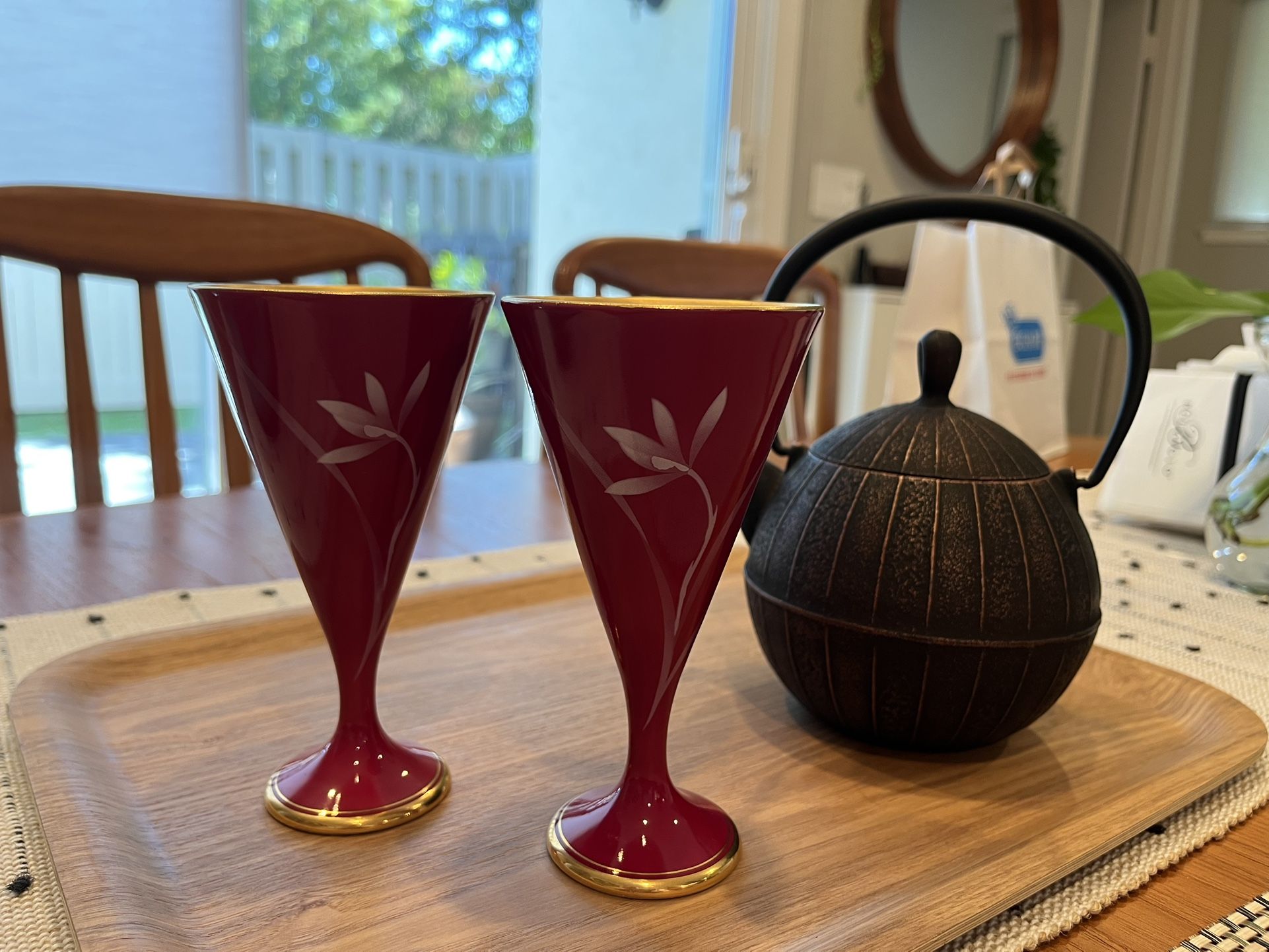 Set of 2 Japanese Venetian Red Porcelain Wine Glasses Cone Shaped Cups Koransha Arita Ware