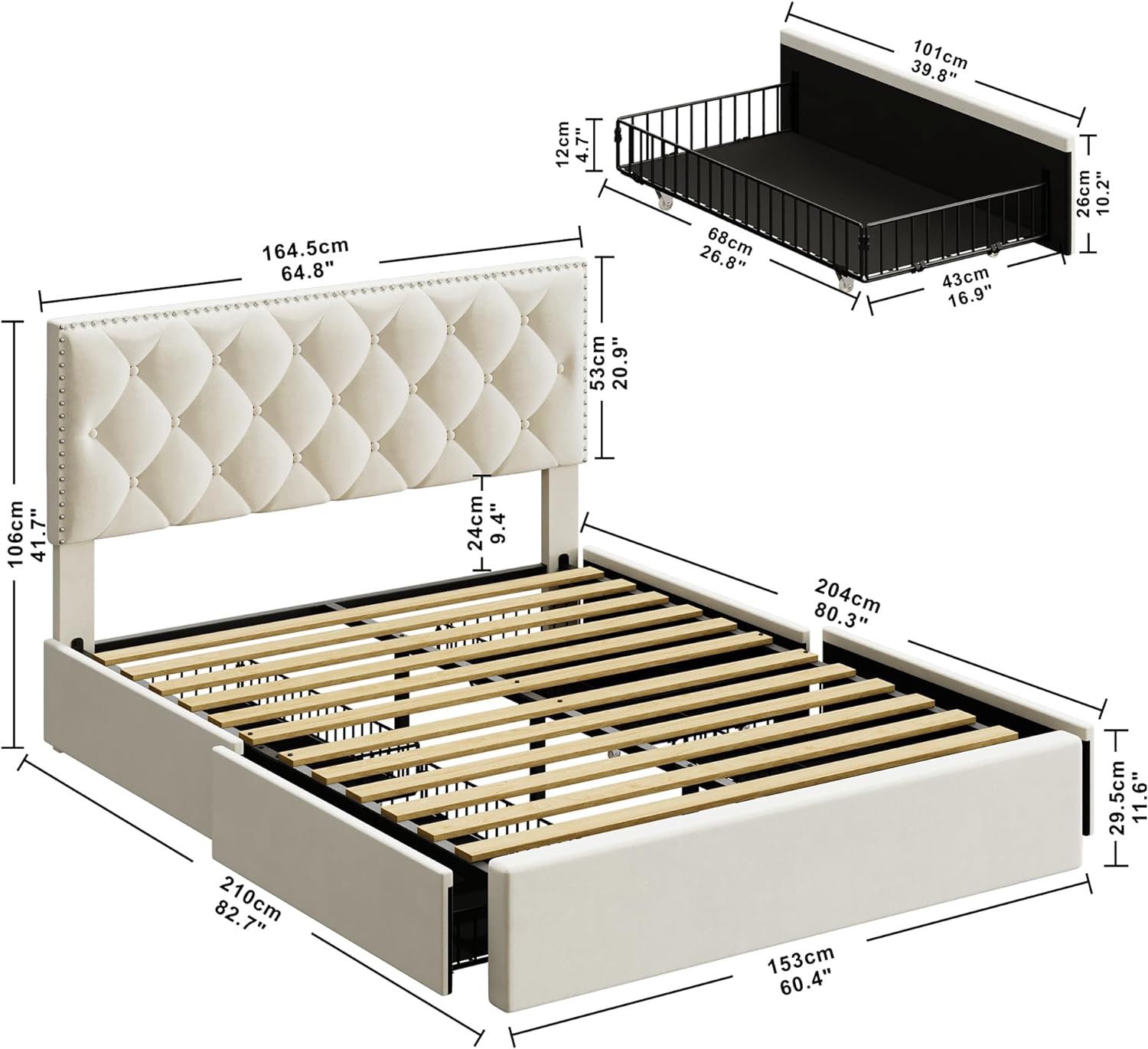 Queen Bed Frame with 4 Storage Drawers, Velvet Upholstered Headboard with Button Tufted & Rivets