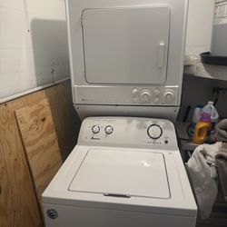 Washer and dryer with factory rack that sets dryer above washer