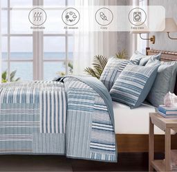 New Queen Quilt Set Blue Stripe Patchwork 3 Pieces Soft Bedding Bedspread