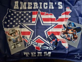 Brand New 3ft x 5ft Cowboys Flag, 2 10inch Iron-On Transfers & Lanyard with ID Holder.