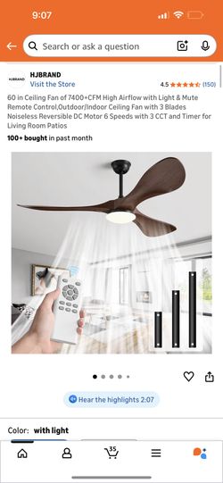 60 in Ceiling Fan of 7400+CFM High Airflow with Light & Mute Remote Control,Outdoor/Indoor Ceiling Fan with 3 Blades Noiseless Reversible DC Motor 6 S