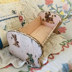 Vintage pink doll cradle, chippy paint, bunnies, bluebirds, bear, wood,shabby chic, farmhouse